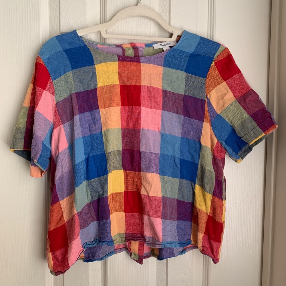 Madewell Vibrant Multicolor Patchwork Plaid Short Sleeve Top
